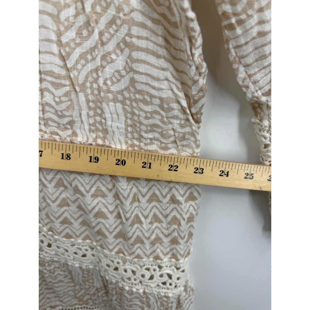 DOTTI Geometric Print Crochet Trim Tunic Dress sz XL Tan White Boho Bell Sleeve - Picture 9 of 9